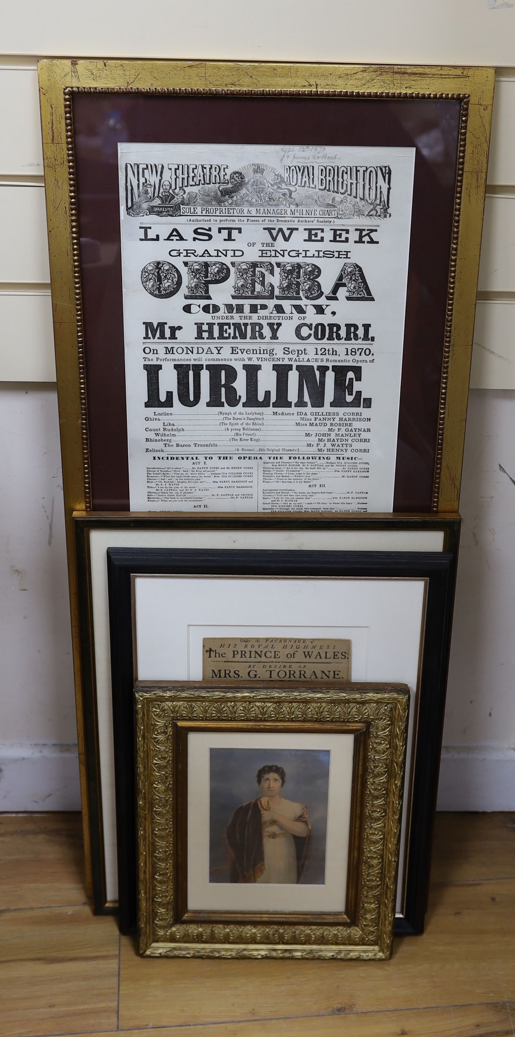John Kennedy, early 19th century watercolour of John Philip Kemble as Brutus, 16 x 12cm, together with three contemporary play bills